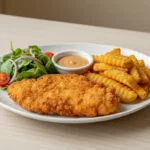Knuspriges paniertes Hähnchen mit Pommes, Salat und Dip