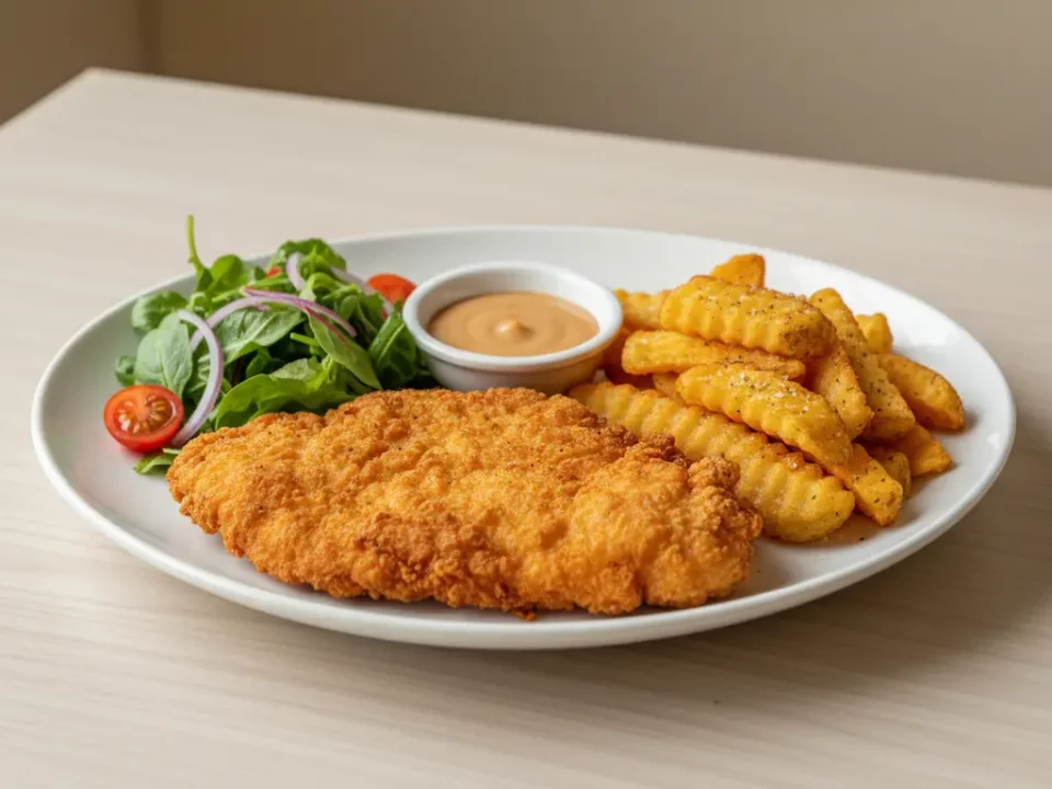 Knuspriges paniertes Hähnchen mit Pommes, Salat und Dip