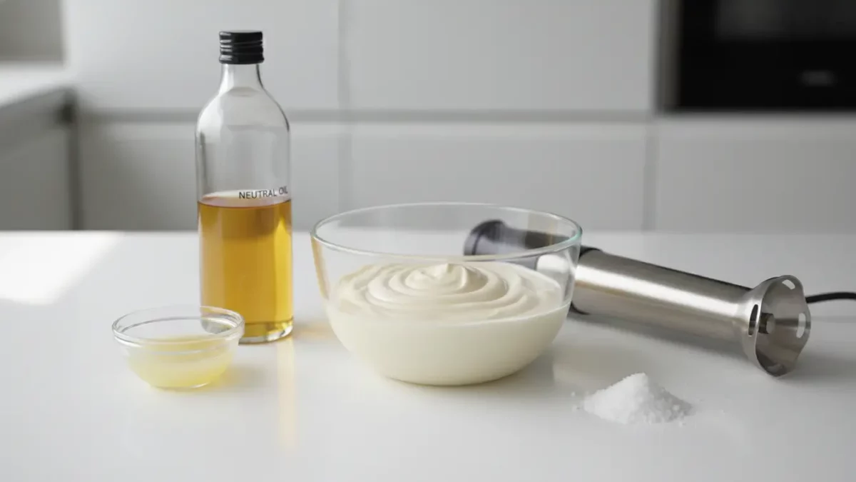 Ölflasche, Schüssel mit geschlagener Sahne, Stabmixer.
