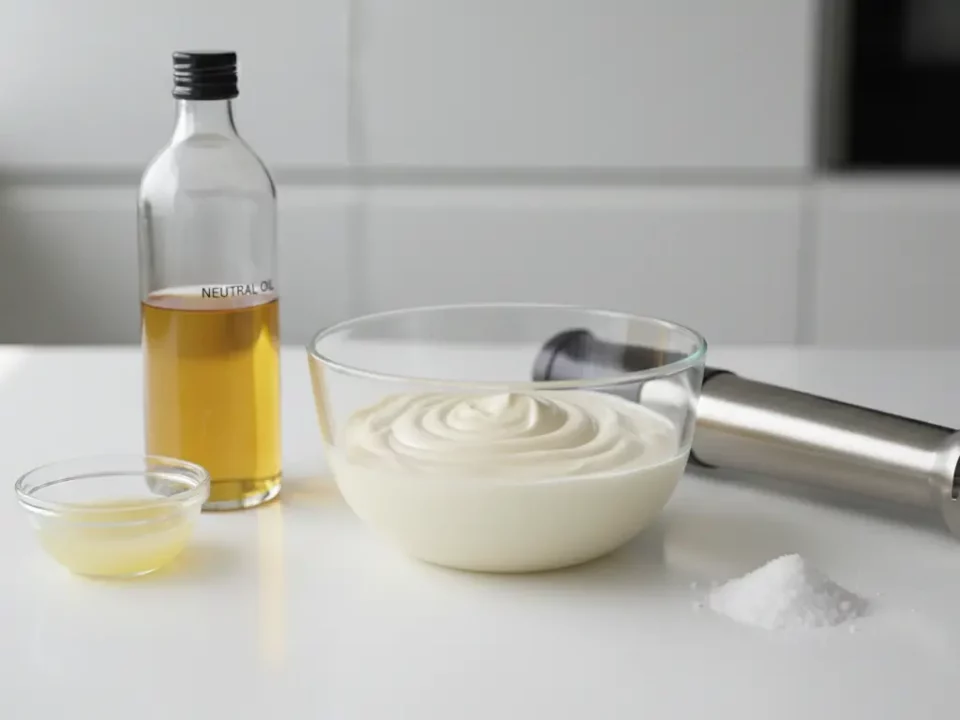 Ölflasche, Schüssel mit geschlagener Sahne, Stabmixer.