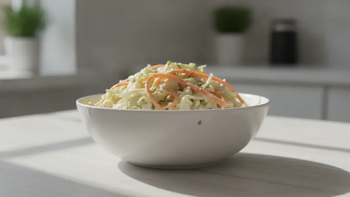 Weiße Schüssel mit Krautsalat auf hellem Küchentisch