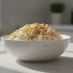 Weiße Schüssel mit Krautsalat auf hellem Küchentisch