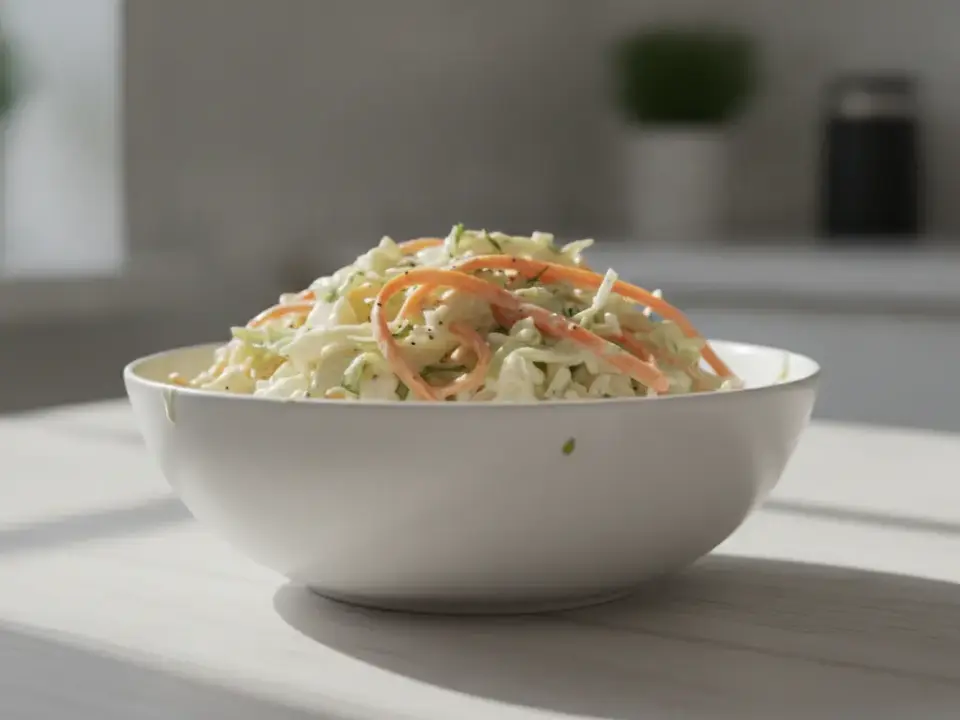 Weiße Schüssel mit Krautsalat auf hellem Küchentisch