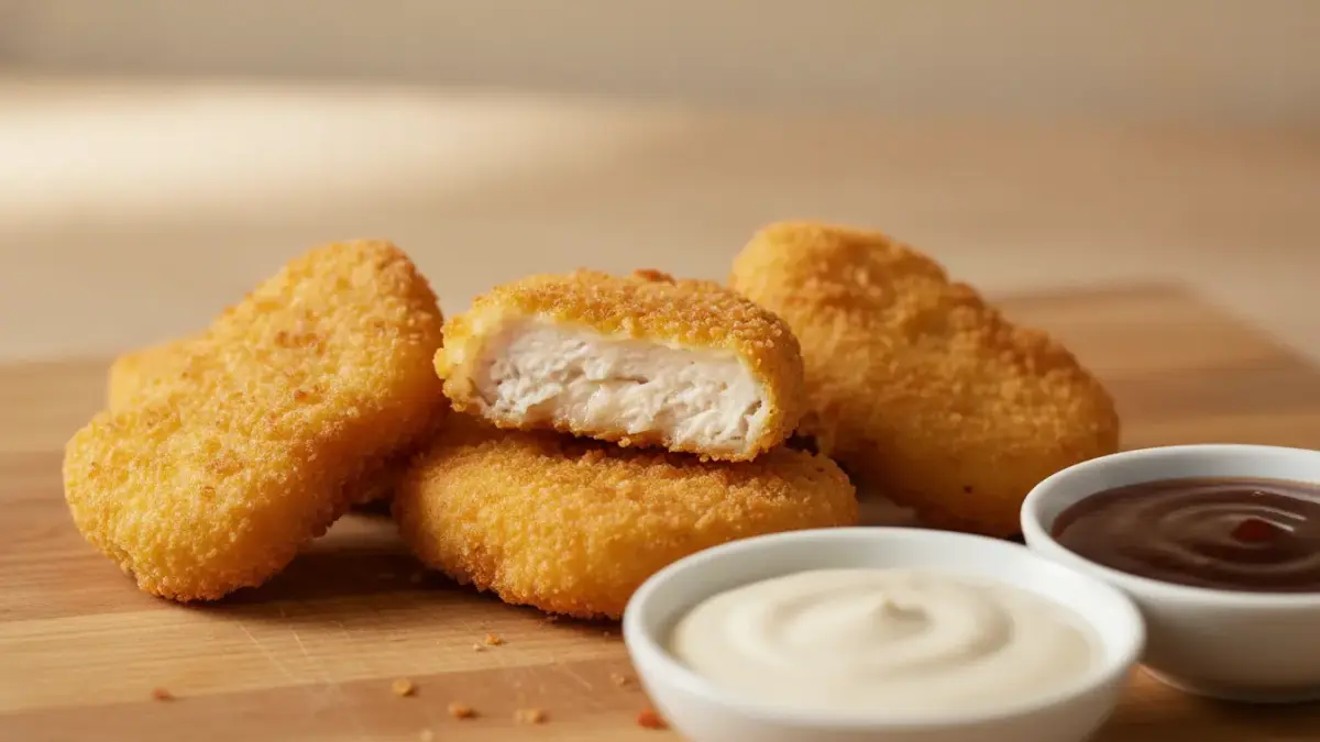 Knusprige Hähnchen-Nuggets mit zwei Dips auf Holzbrett.