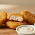 Knusprige Hähnchen-Nuggets mit zwei Dips auf Holzbrett.