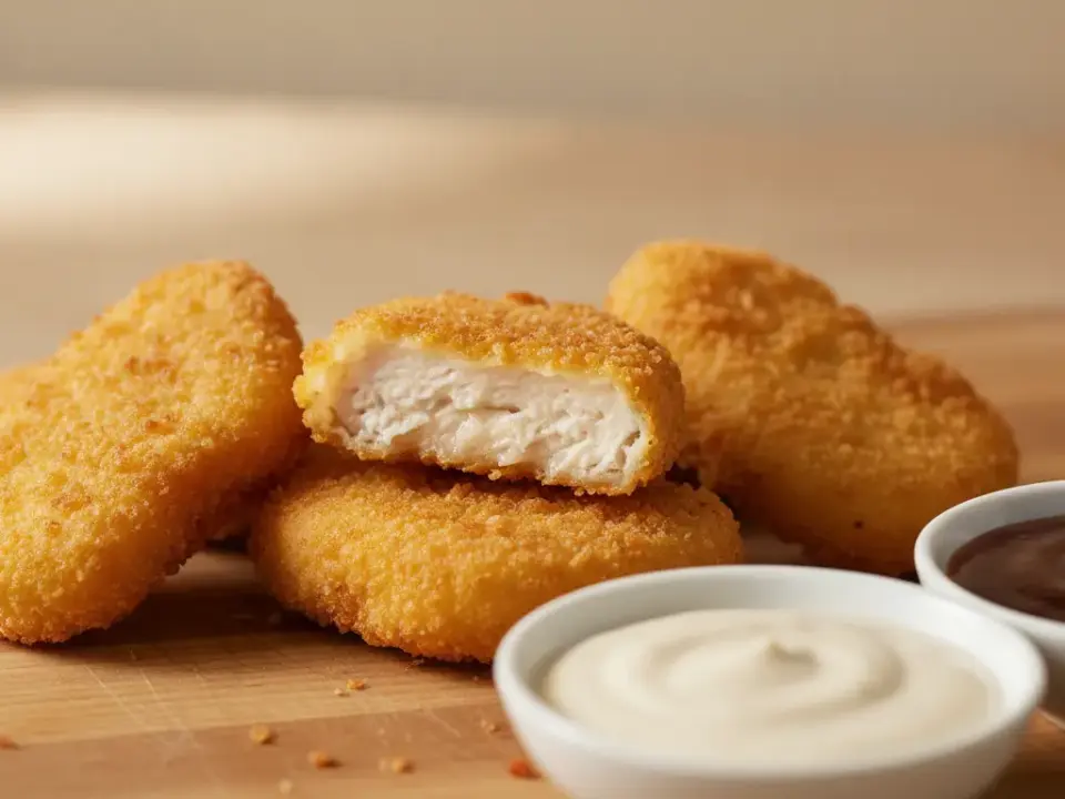 Knusprige Hähnchen-Nuggets mit zwei Dips auf Holzbrett.