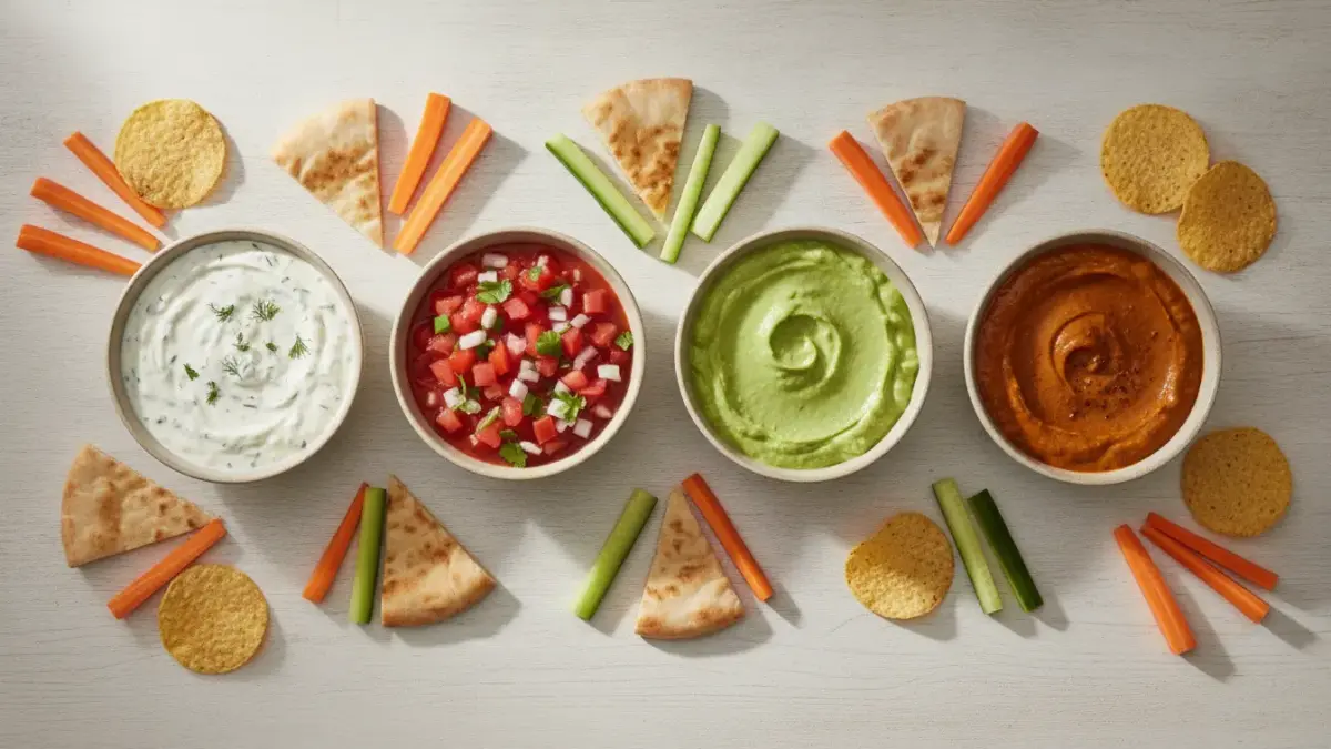 Finke-Blog: Bunte Dip-Platte mit Gemüse und Saucen.