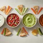 Finke-Blog: Bunte Dip-Platte mit Gemüse und Saucen.