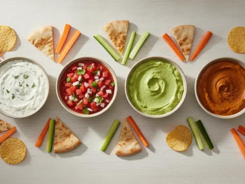Finke-Blog: Bunte Dip-Platte mit Gemüse und Saucen.