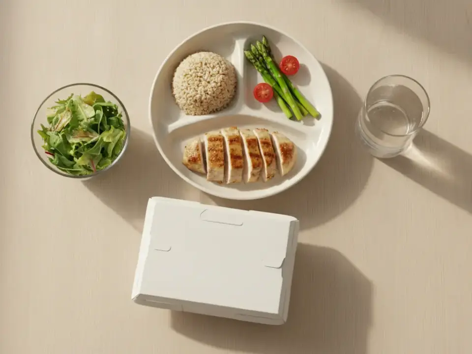 Frische Mahlzeit mit Hähnchen, Reis und Salat auf hellem Tisch.
