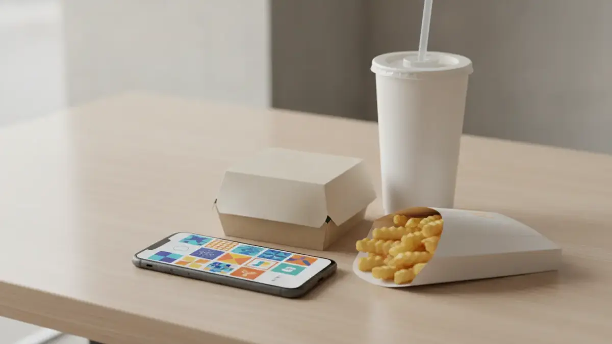 Mittagssnack zum Mitnehmen: Pommes, Getränk und Smartphone auf Tisch.