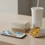 Mittagssnack zum Mitnehmen: Pommes, Getränk und Smartphone auf Tisch.