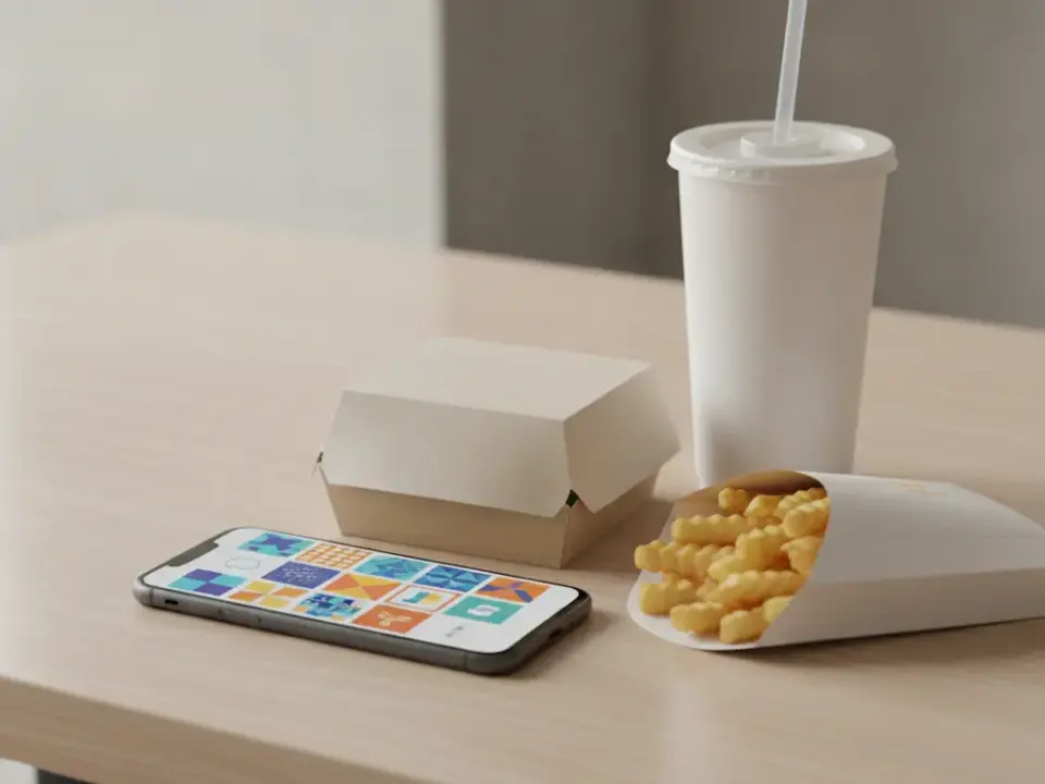 Mittagssnack zum Mitnehmen: Pommes, Getränk und Smartphone auf Tisch.
