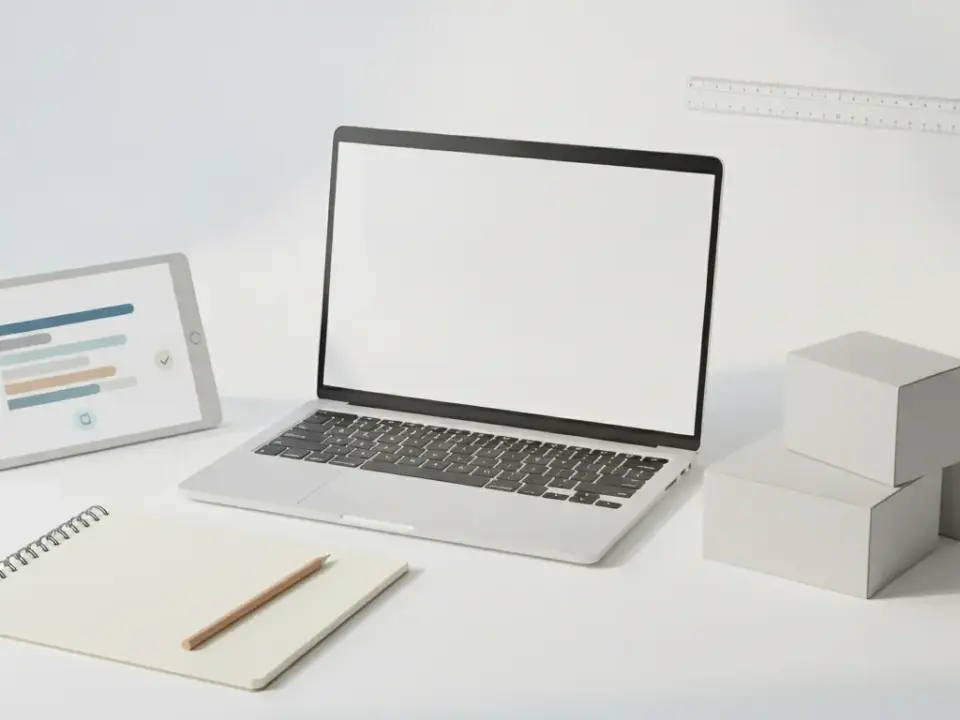 Finke-Blog749737: Laptop, Tablet und Notizbuch am Schreibtisch