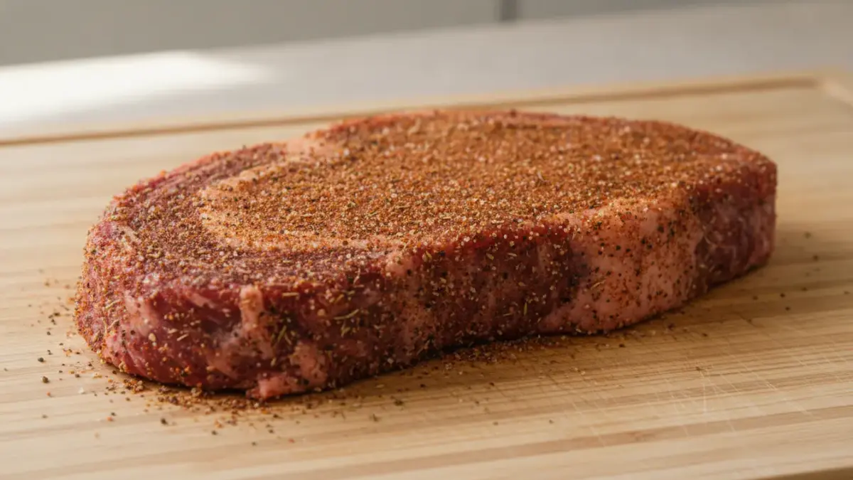 Rohes Steak auf Schneidebrett, gewürzt – Finke.