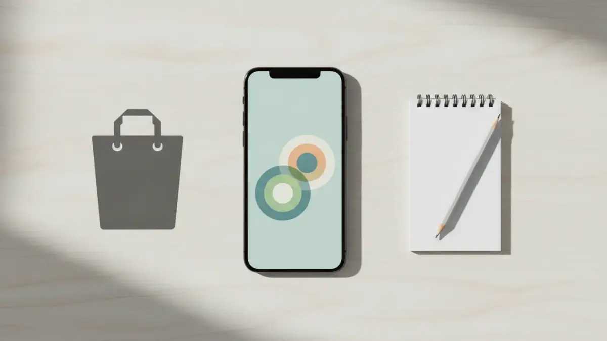 finke-blog881882: Smartphone, Notizblock und Einkaufstasche auf dem Schreibtisch.