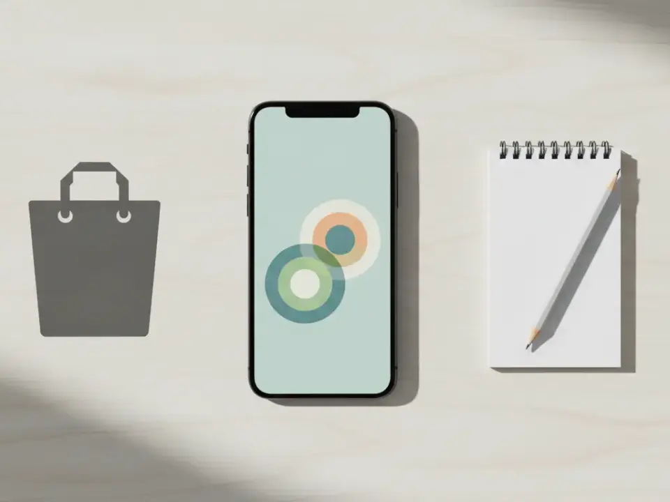 finke-blog881882: Smartphone, Notizblock und Einkaufstasche auf dem Schreibtisch.