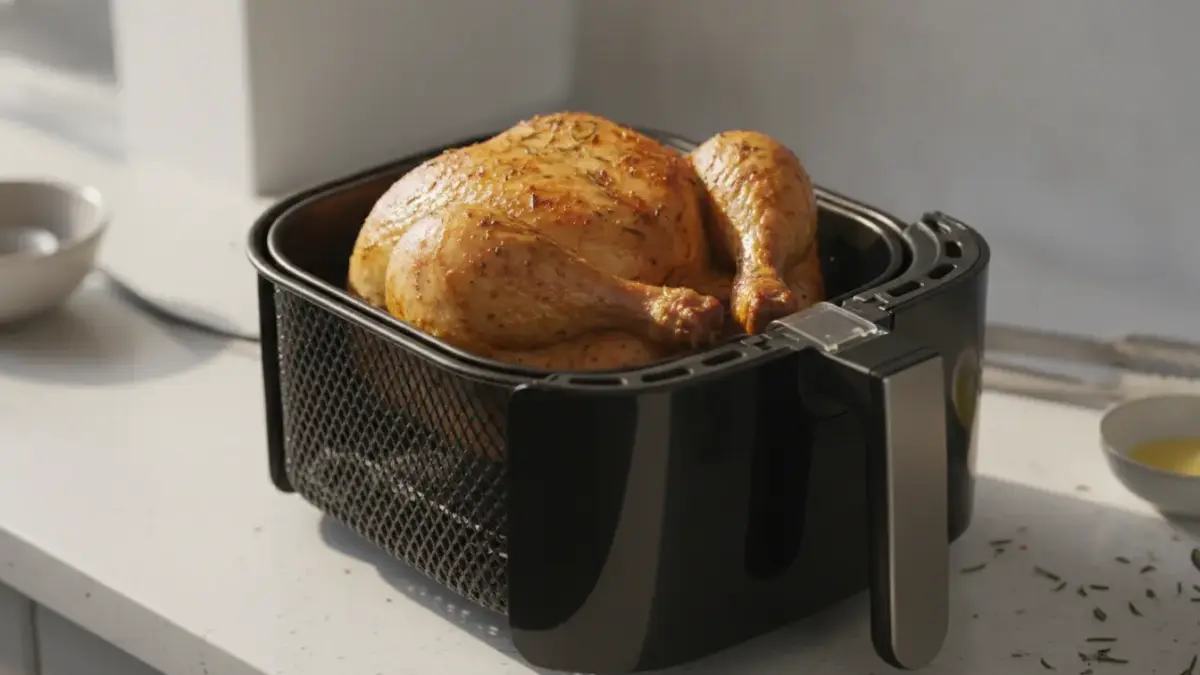 Ganzes Brathähnchen im Airfryer auf Küchenarbeitsplatte.