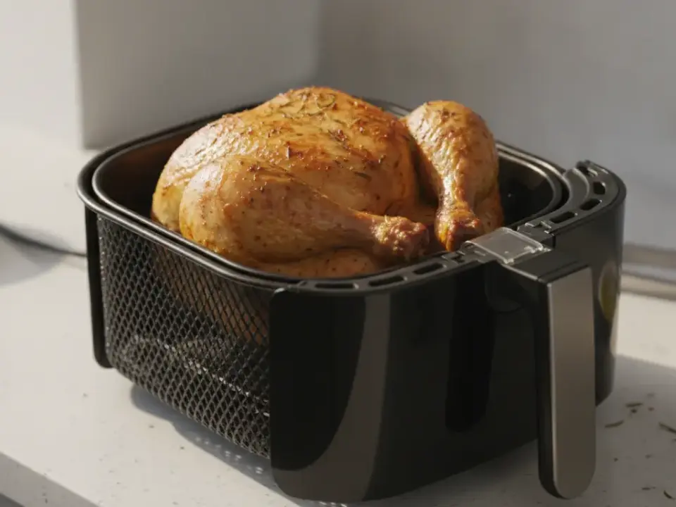 Ganzes Brathähnchen im Airfryer auf Küchenarbeitsplatte.