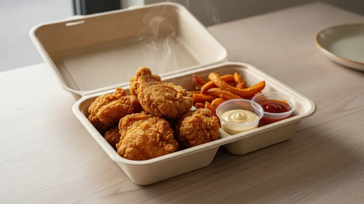 Knuspriges Hähnchen mit Pommes in Takeaway-Box.