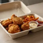 Knuspriges Hähnchen mit Pommes in Takeaway-Box.