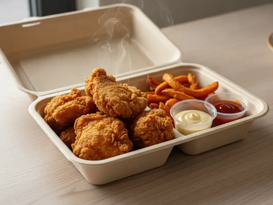 Knuspriges Hähnchen mit Pommes in Takeaway-Box.