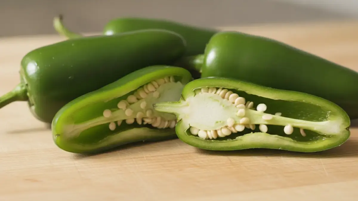 Grüne Paprika, halbiert, mit Samen auf dem Schneidebrett.