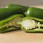 Grüne Paprika, halbiert, mit Samen auf dem Schneidebrett.