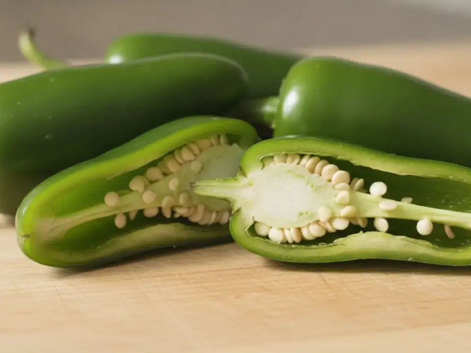 Grüne Paprika, halbiert, mit Samen auf dem Schneidebrett.
