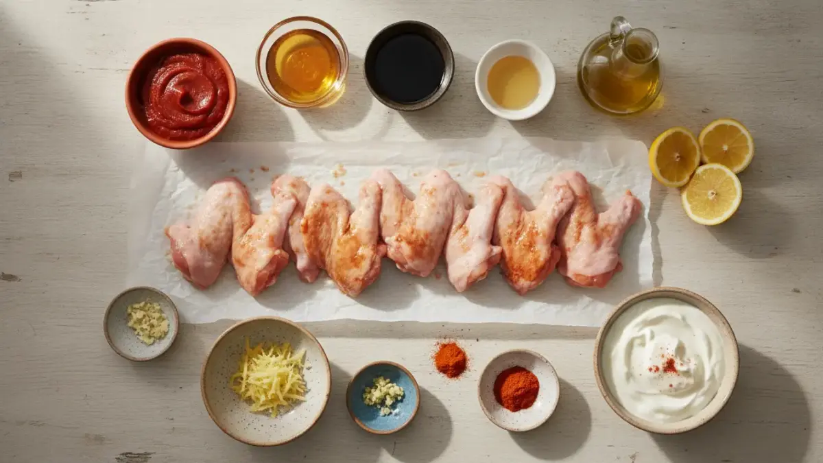 Finke-Blog: Hähnchenflügel mit Saucen angerichtet
