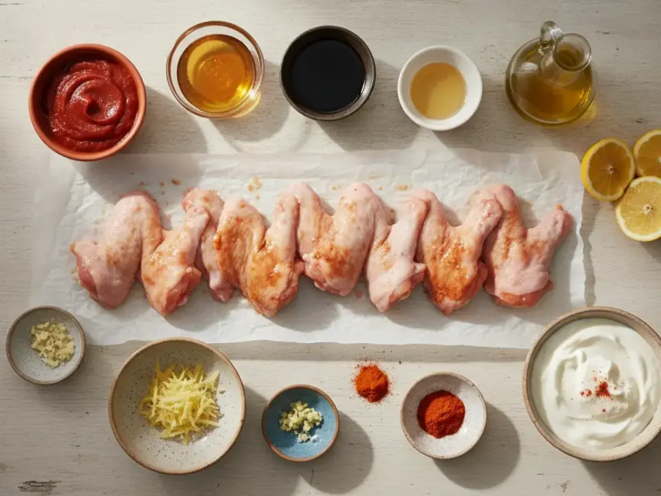 Finke-Blog: Hähnchenflügel mit Saucen angerichtet