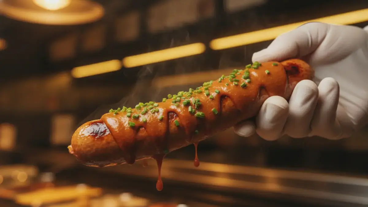Finke Restaurant Dorsten: Hotdog mit Sauce in der Hand.