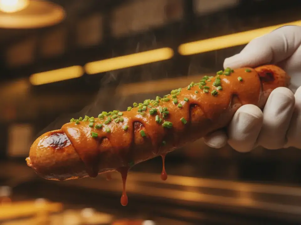 Finke Restaurant Dorsten: Hotdog mit Sauce in der Hand.