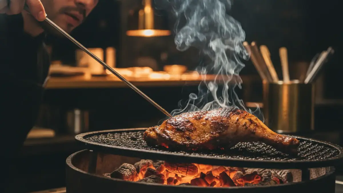 Koch grillt Fleisch über Holzkohlegrill im Restaurant