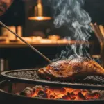 Koch grillt Fleisch über Holzkohlegrill im Restaurant