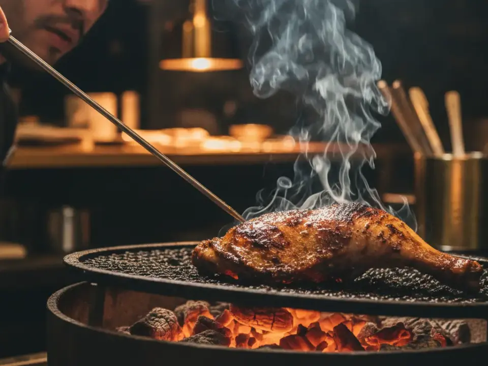 Koch grillt Fleisch über Holzkohlegrill im Restaurant