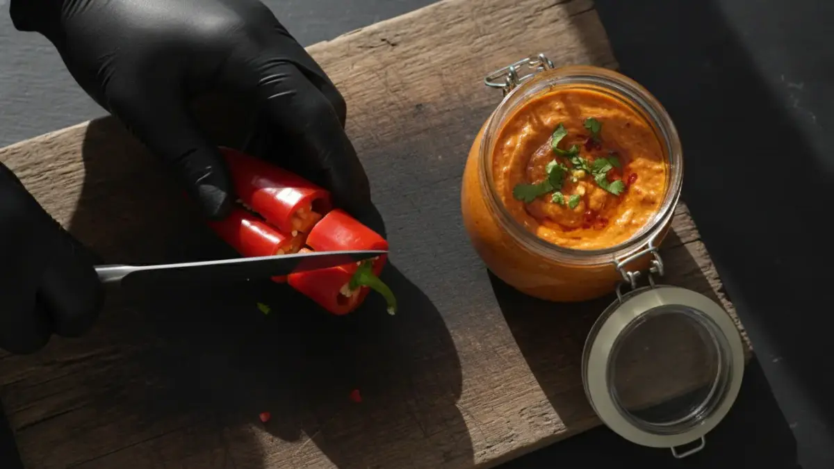 finke-blog286582: Paprika schneiden neben Dip im Glas