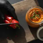 finke-blog286582: Paprika schneiden neben Dip im Glas