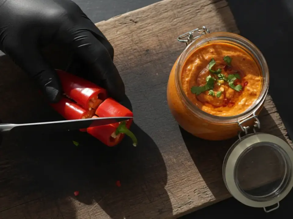 finke-blog286582: Paprika schneiden neben Dip im Glas