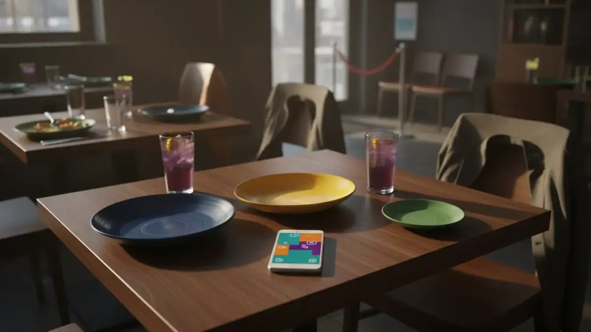 Finke Restaurant: moderner Esstisch mit bunten Tellern und Getränken.