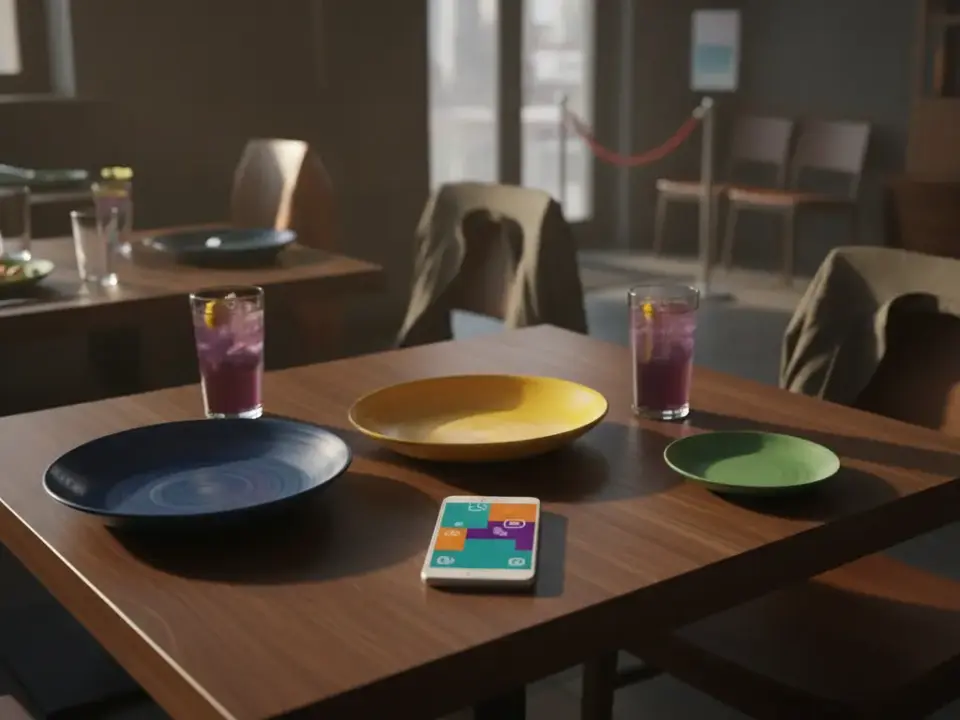 Finke Restaurant: moderner Esstisch mit bunten Tellern und Getränken.