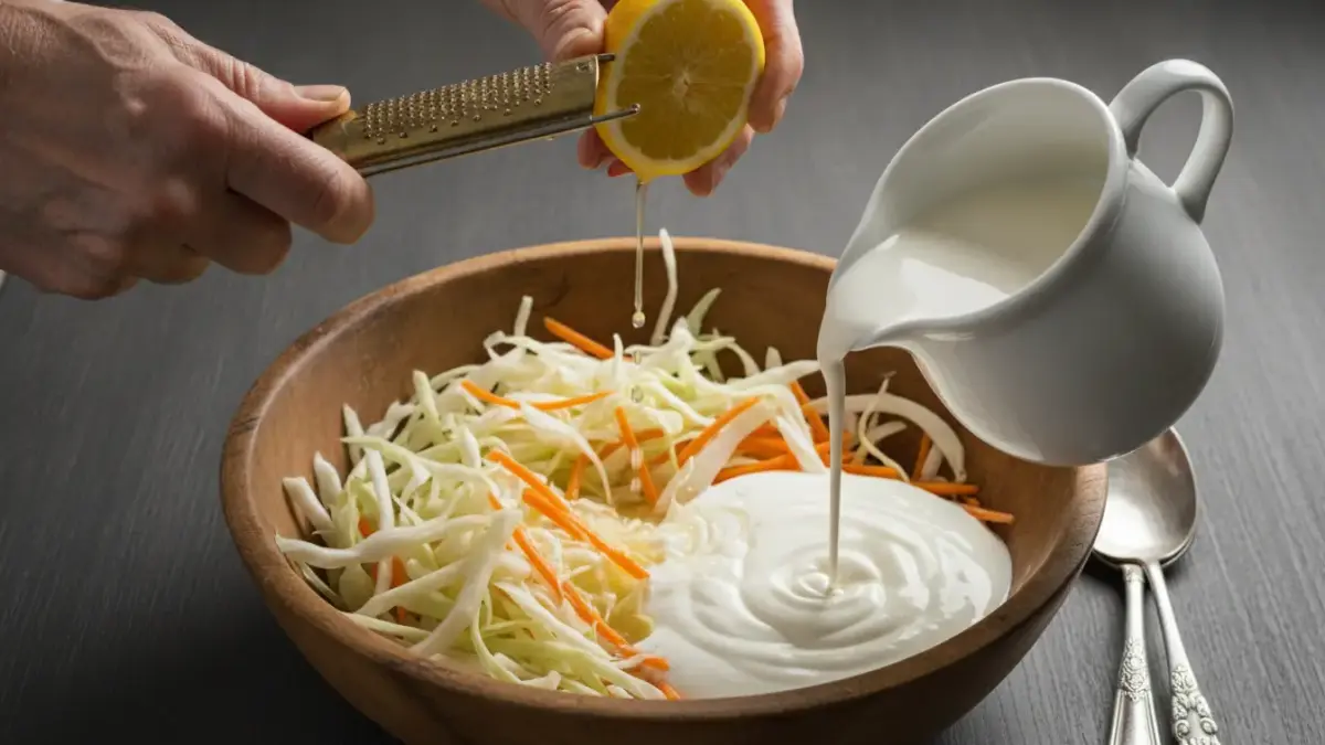 Person presst Zitronensaft über Gemüse-Salat und cremiges Dressing in Holzschüssel.