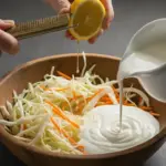 Person presst Zitronensaft über Gemüse-Salat und cremiges Dressing in Holzschüssel.