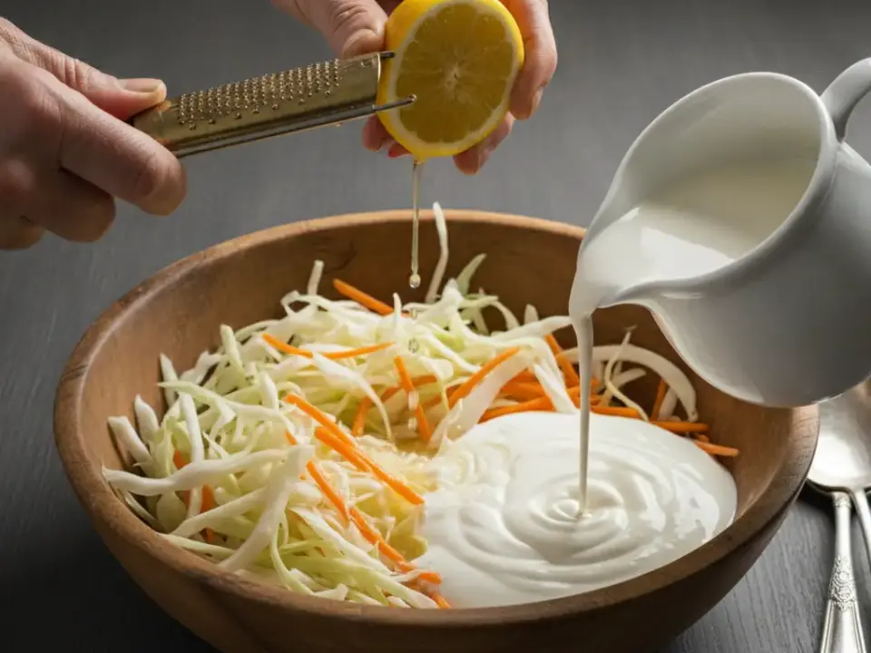 Person presst Zitronensaft über Gemüse-Salat und cremiges Dressing in Holzschüssel.