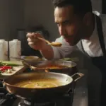 Koch im Finke Restaurant Dorsten probiert cremige Suppe.