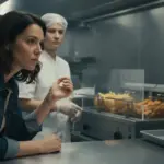 Frau in Jeansjacke beobachtet Küchenbereich im Restaurant.