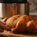 Finke-Blog: Gebratenes Hähnchen wird auf dem Schneidebrett zerteilt.